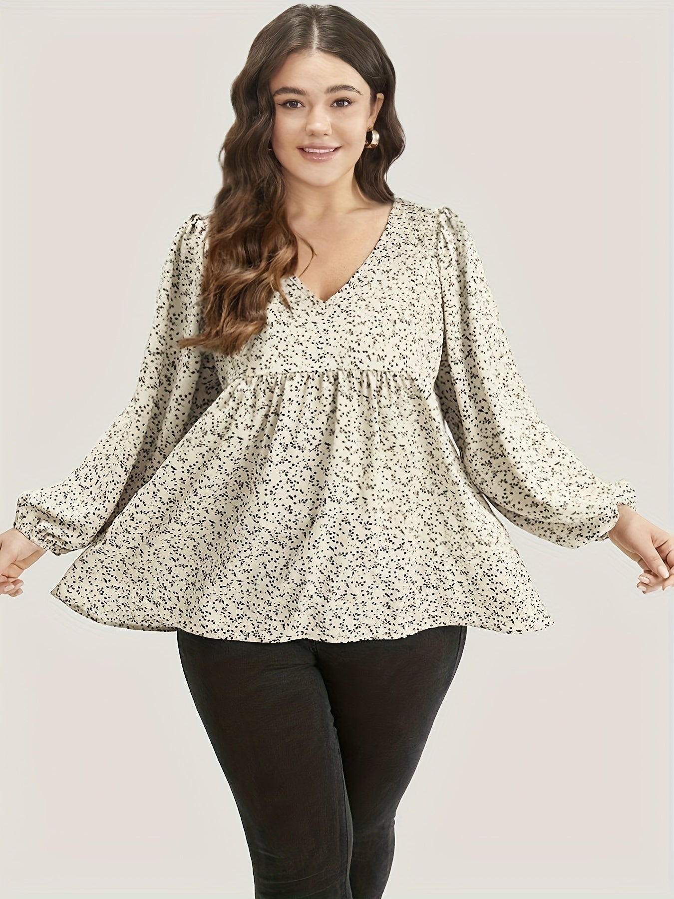  Blouse Women's Plus Ditsy Floral Print Lantern Sleeve V Neck Peplum