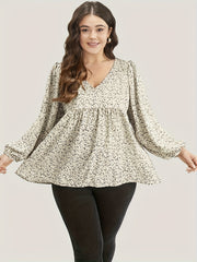  Blouse Women's Plus Ditsy Floral Print Lantern Sleeve V Neck Peplum