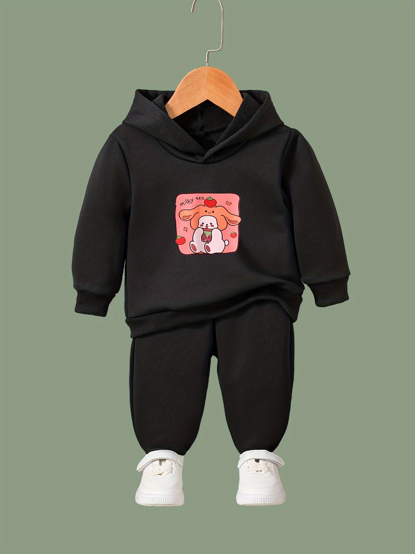 Kid's Cartoon Milky Tea Print Outfit Hoodie & Pants Set