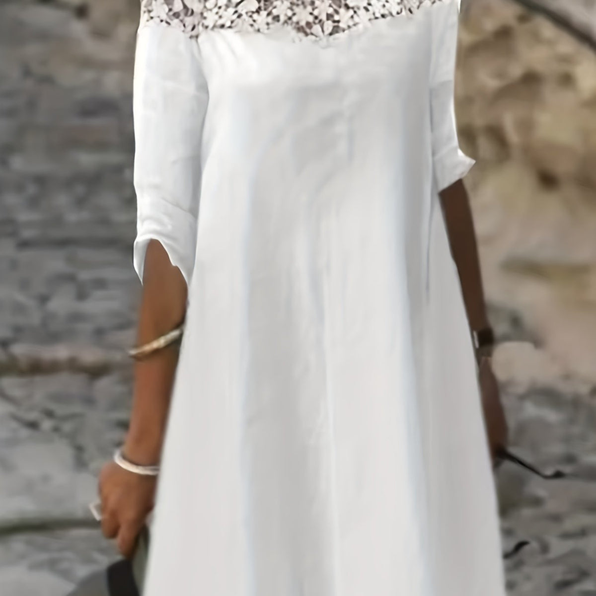  Casual Dress Women's Plus Solid Contrast Lace Short Sleeve Dress