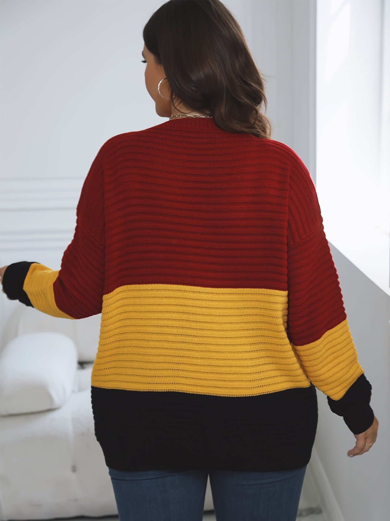  Colorblock Round Neck Sweater Women Long Sleeve Casual Jumper