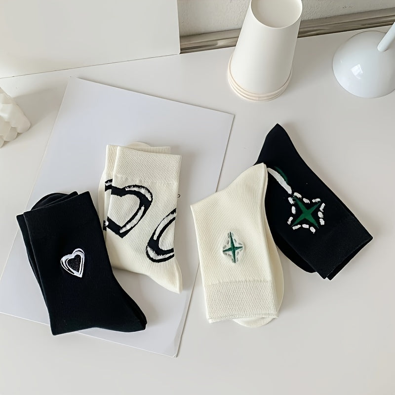 4 Pairs Heart & Cross Print Mid Tube Socks Women's Stockings