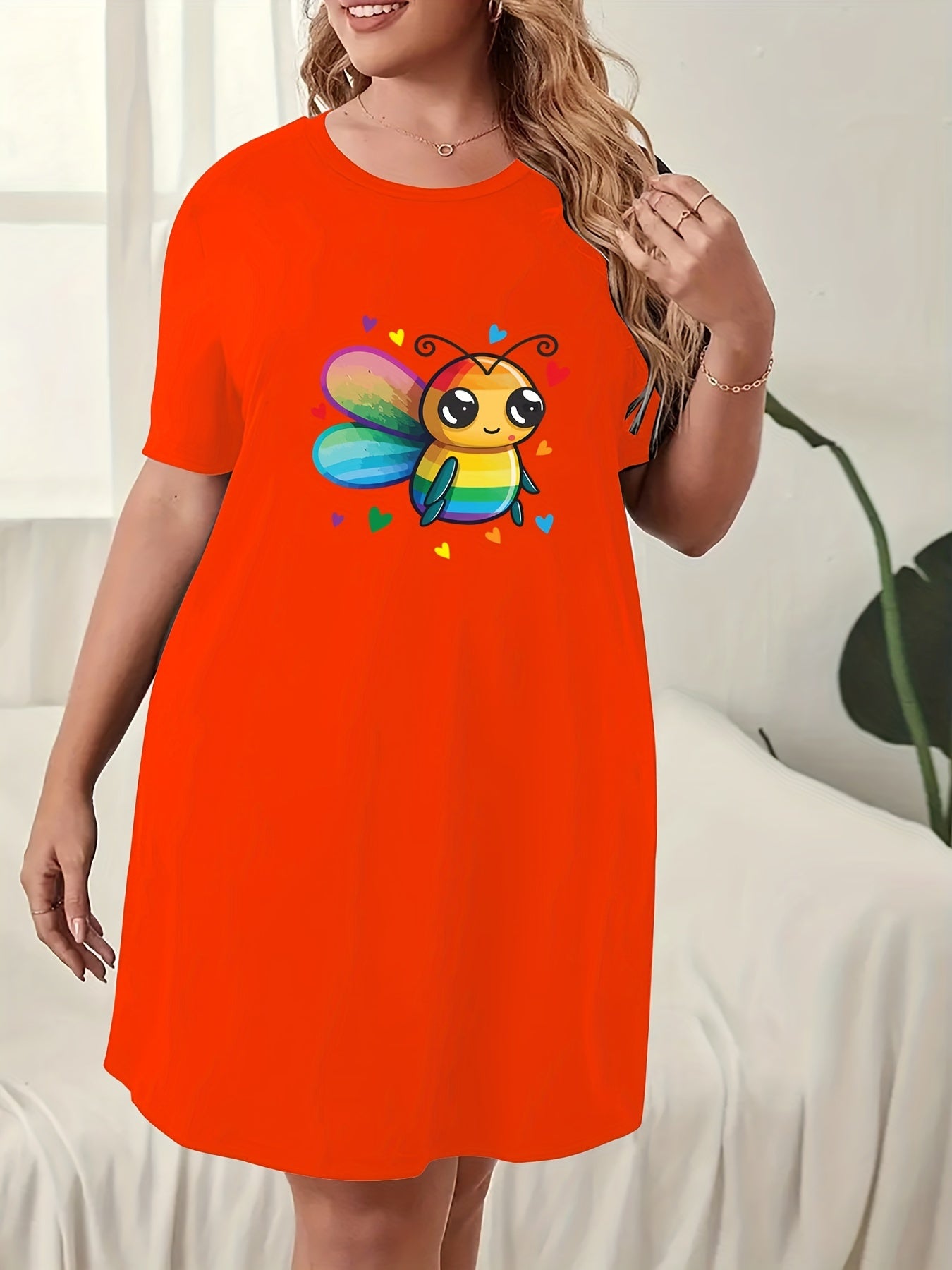  Bee & Heart Print Nightdress Round Neck Short Sleeve Sleep Dress