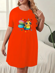  Bee & Heart Print Nightdress Round Neck Short Sleeve Sleep Dress