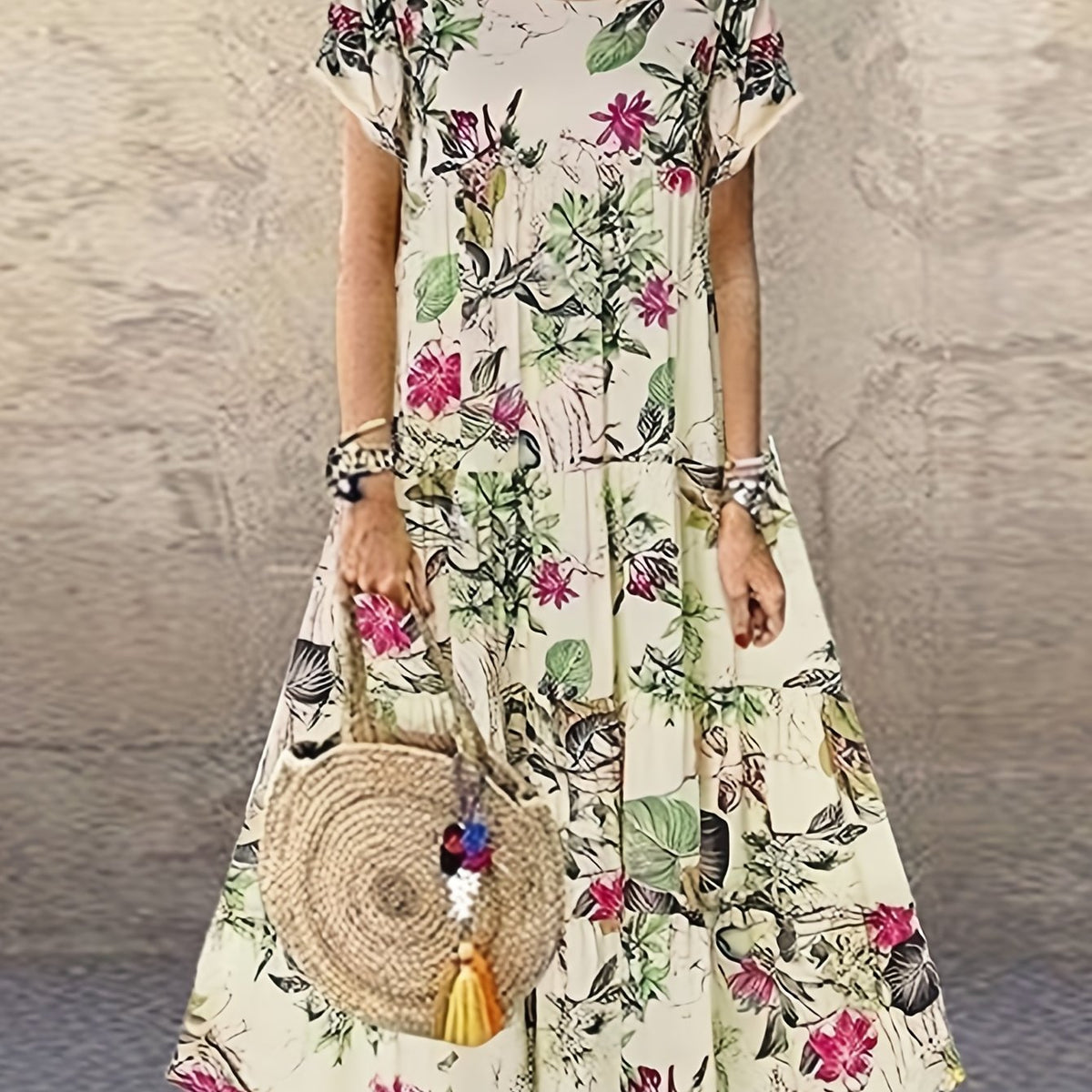 Women's Plus Floral Print Maxi Dress Short Sleeve Round Neck