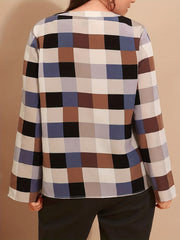  Colorblock Grid Print Roll Up Sleeve Notched Neck Top