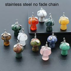 DIY Gemstone Quartz Mushroom Pendant Necklace with Stainless Steel Chain