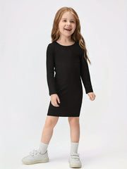 Little Girls Long Sleeve Solid Casual T Shirt Dress Stretchy Comfy Fit
