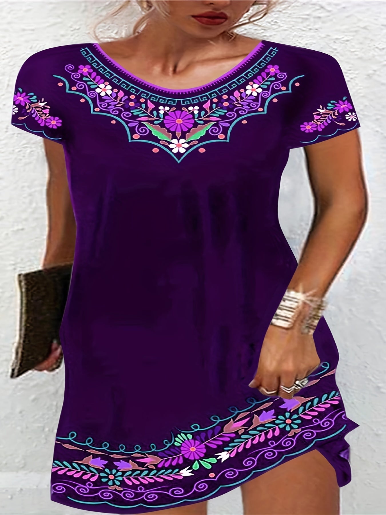  Boho Dress Women's Plus Floral Print Short Sleeve Dress