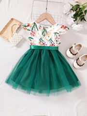 Girls Ruffled Sleeves Crew Neck Bow Floral Tulle Tutu Princess Dress