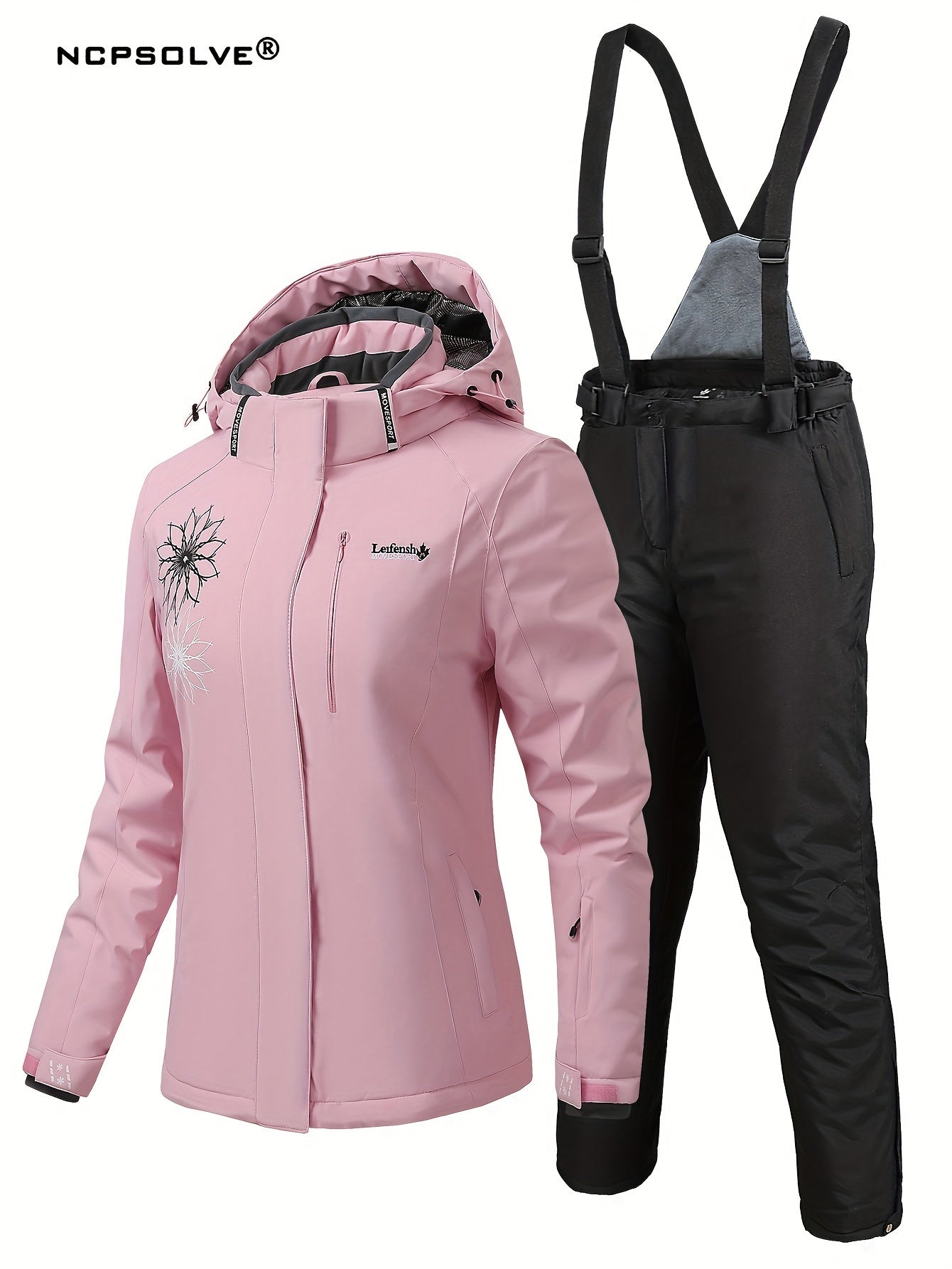 Snowflake Print Ski Set Long Sleeve Hooded Jacket & Suspender Trouser