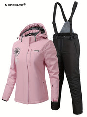 Snowflake Print Ski Set Long Sleeve Hooded Jacket & Suspender Trouser
