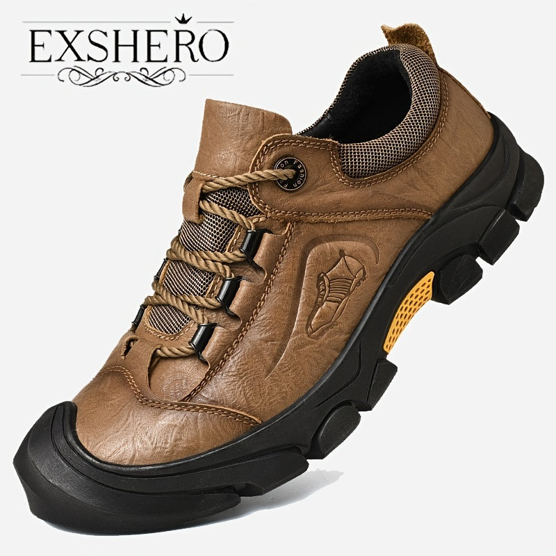 EXSHRO Men's Leather Hiking Shoes Anti-skid Sneakers