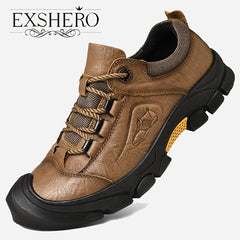 EXSHRO Men's Leather Hiking Shoes Anti-skid Sneakers