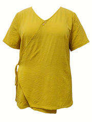  Solid Button Short Sleeve V Neck Wrap Top