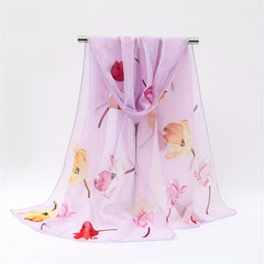 Rose Print Chiffon Scarf Thin Silk Head Wrap Casual Beach Towel