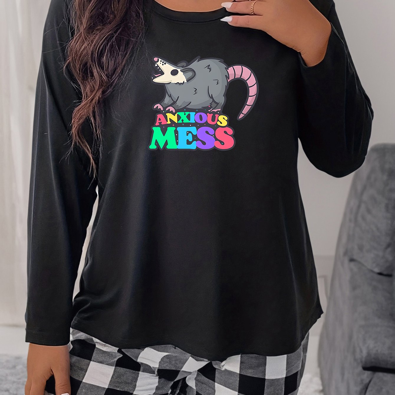  Casual Sleepwear Top Women's Plus Mouse & Letter Print Long Sleeve