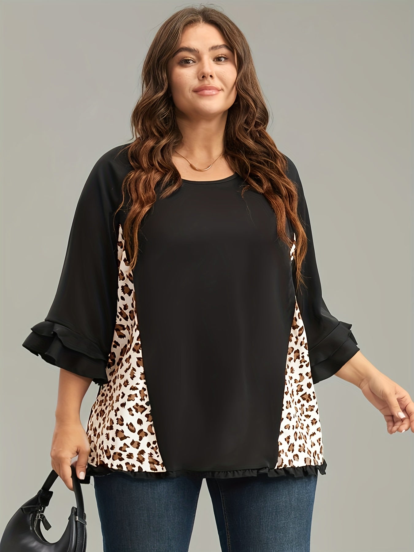  Colorblock Leopard Print Ruffle Bell Sleeve Blouse