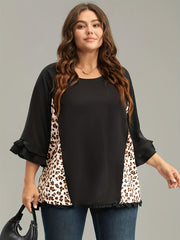  Colorblock Leopard Print Ruffle Bell Sleeve Blouse