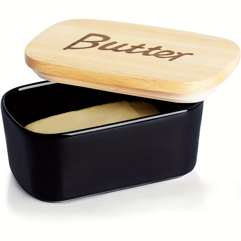 Ceramic Butter Box With Wooden Lid Kitchen Storage Holder