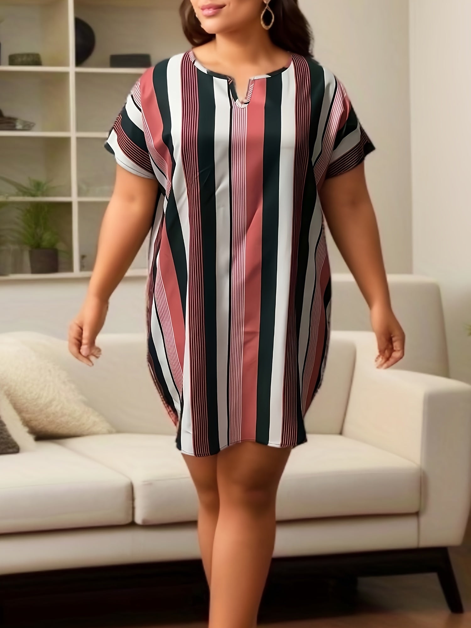  Striped Print Short Sleeve Dress
