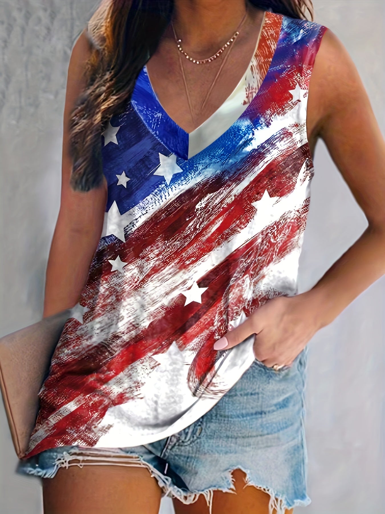  Independence Casual Tank Top Women's Plus Flag Print V Neck Medium Str