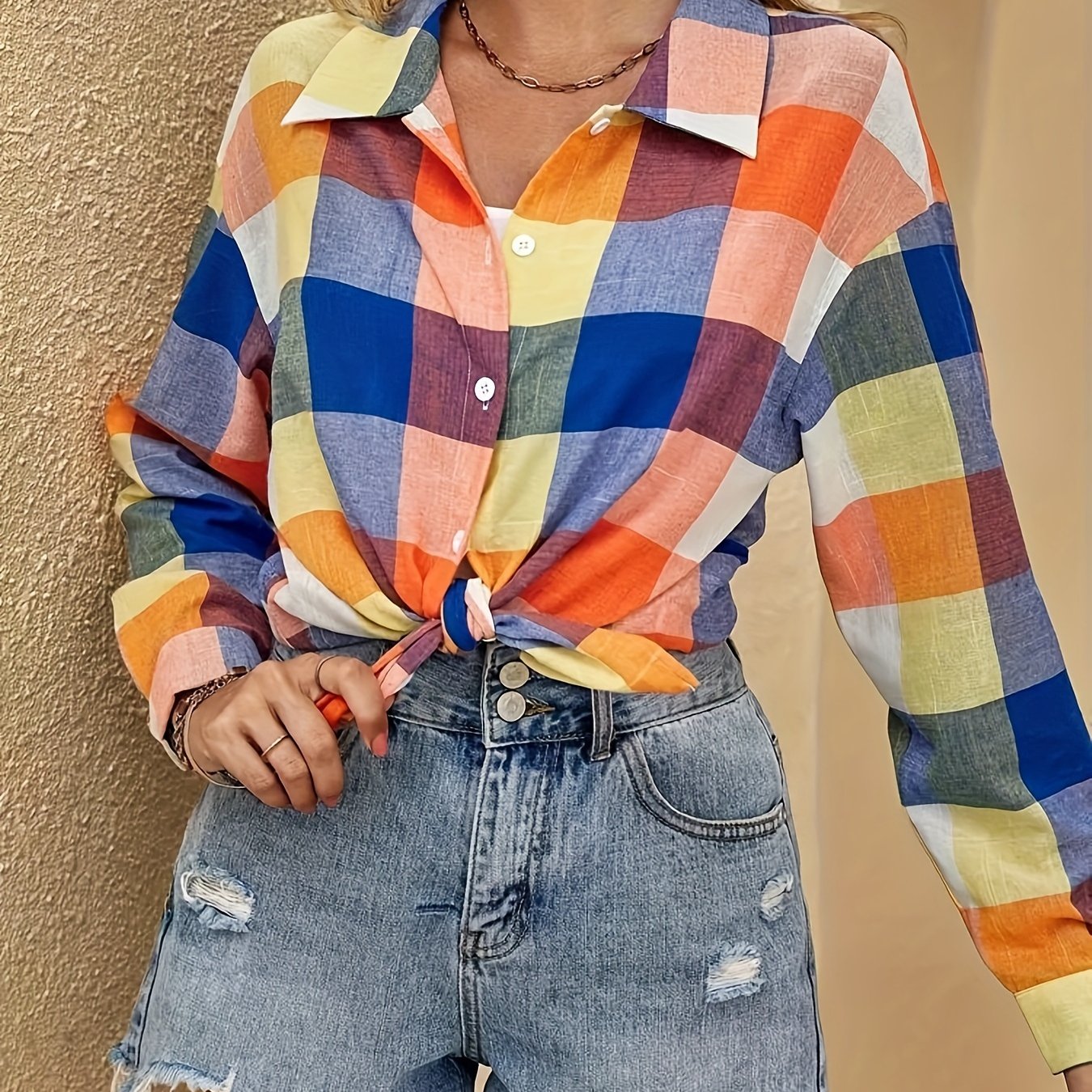  Colorful Plaid Print Long Sleeve Button Up Shirt