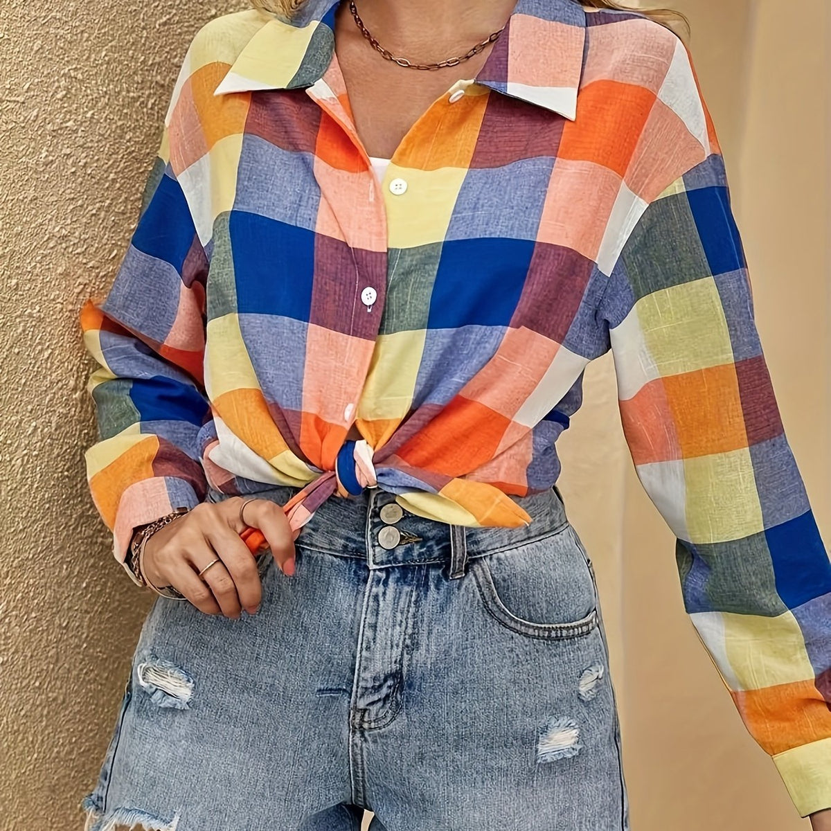  Colorful Plaid Print Long Sleeve Button Up Shirt