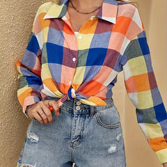  Colorful Plaid Print Long Sleeve Button Up Shirt
