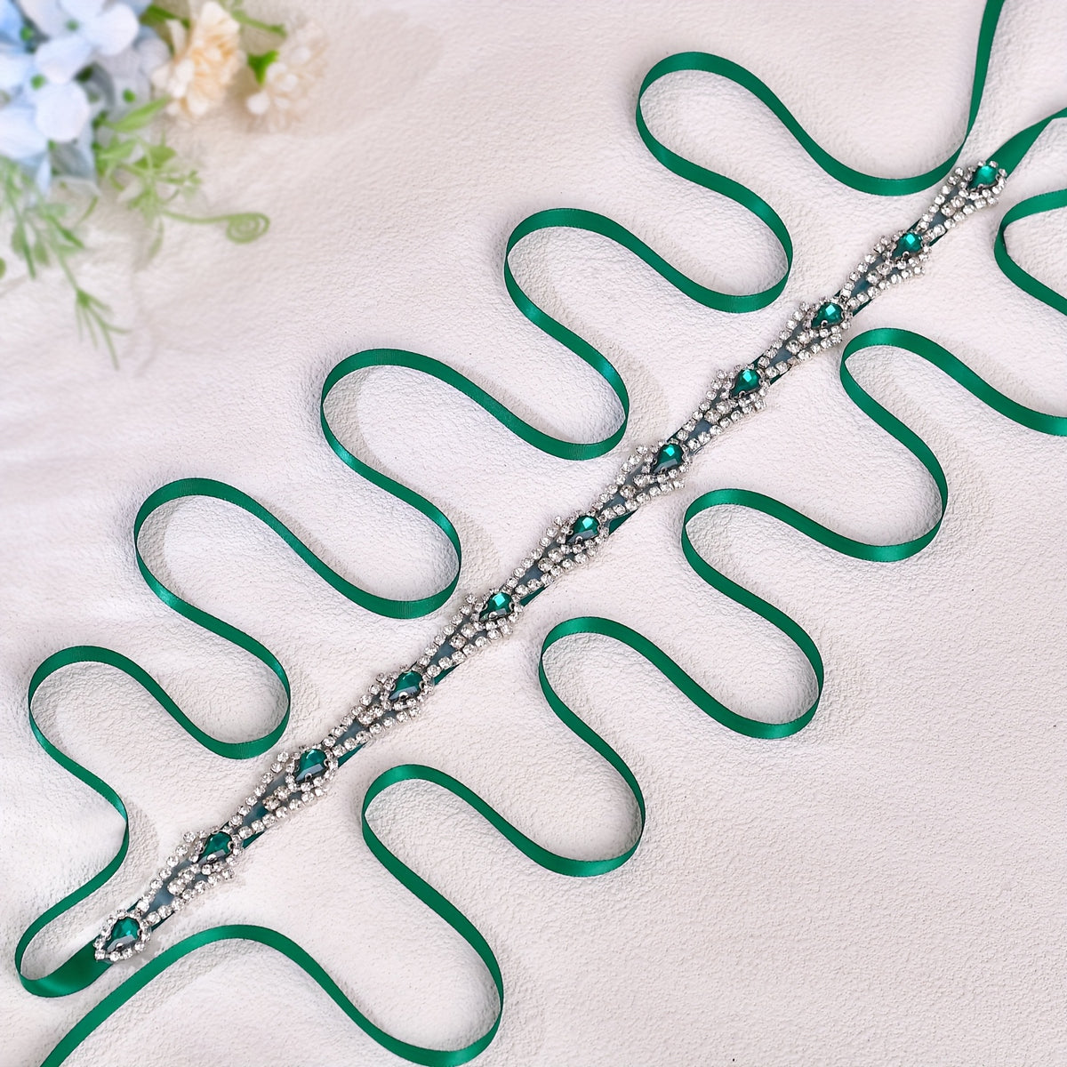 Green Satin Sash with Rhinestone Belt for Bridal Waist Accessory