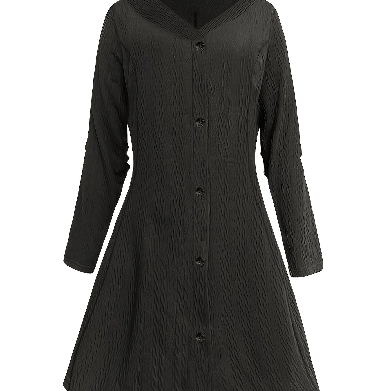  Solid Jacquard Button Up Long Sleeve Hooded Dress