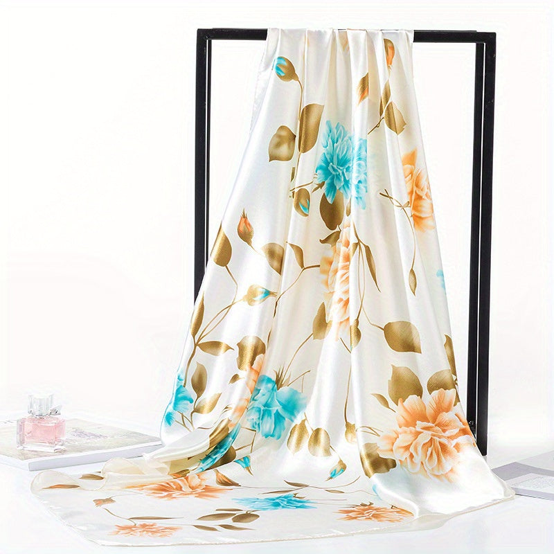 Flower Print Bandana Satin Hijab Silk Square Scarf Vintage Turban
