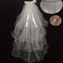 Bowknot Wedding Veil With Faux Pearl Ornament
