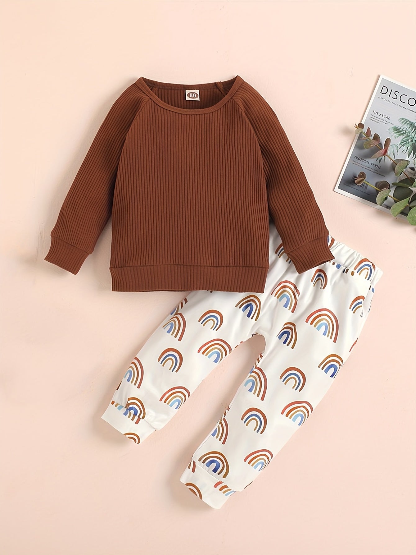 Baby Girl's Ribbed Top & Rainbow Print Pants Set