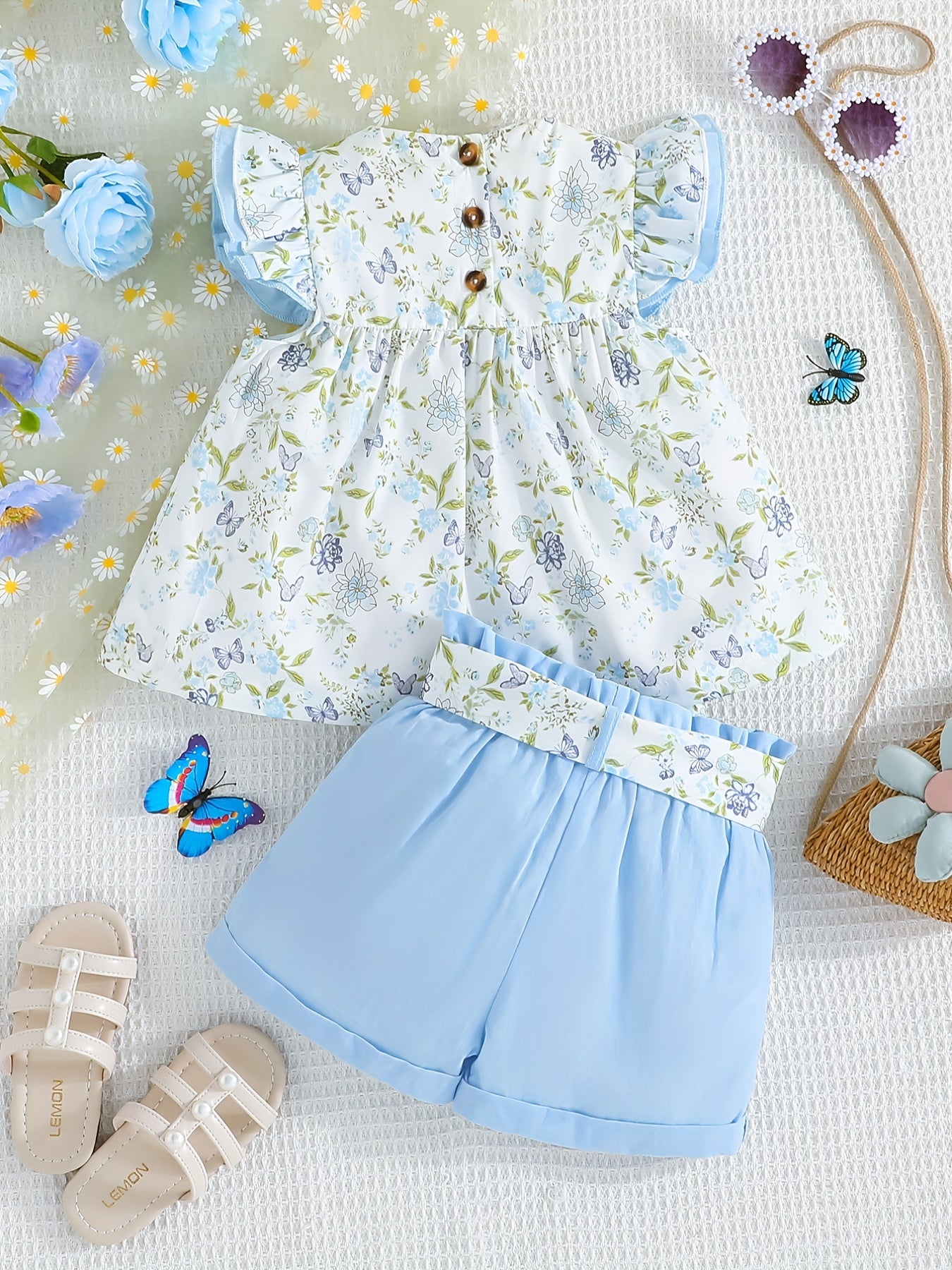 Girls Ruffled Sleeves Floral Blouse Top & Shorts Set