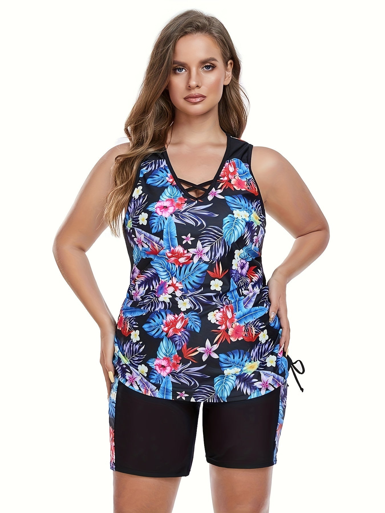  Tropical Print Tankini Set Crisscross Front Tank Top & Shorts