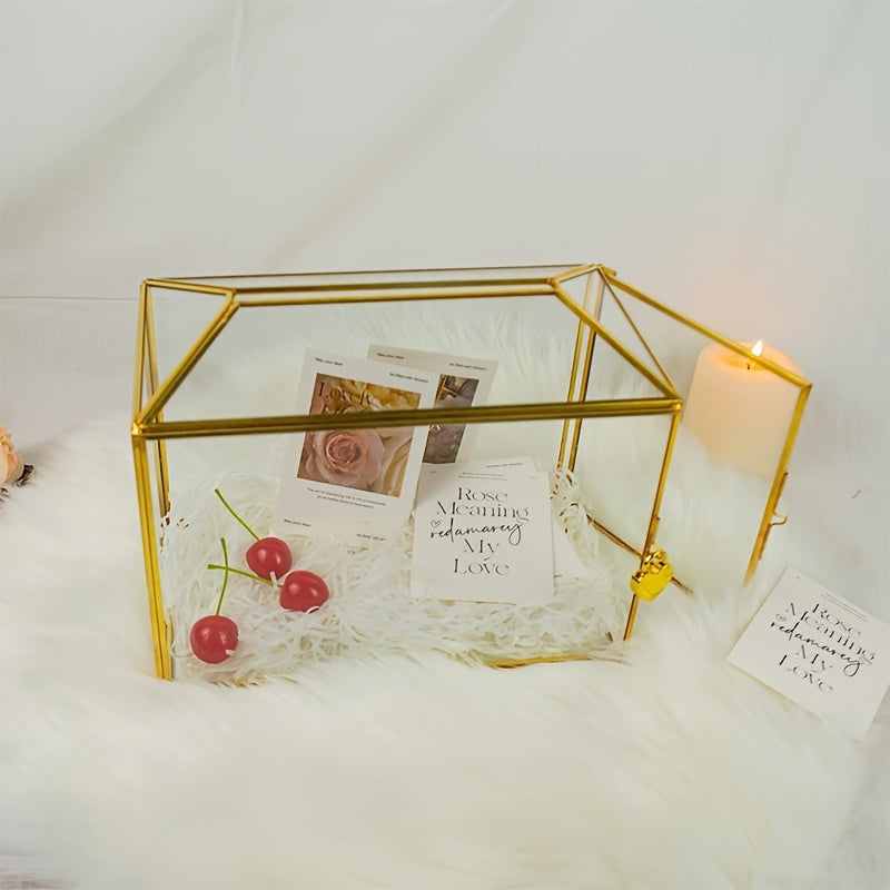 Golden Glass Cards Box For Wedding Reception Large Geometric Decorative Box