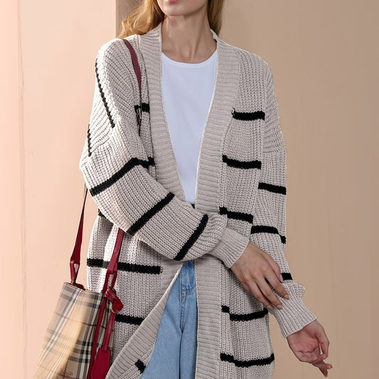  Stripe Print Open Front Cardigan