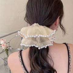Organza Scrunchies Hair Tie with Faux Pearl Brim Elastic Ponytail Holder