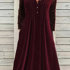  Sequin Long Sleeve Velvet Dress with Pockets