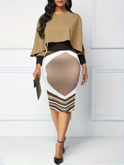  Colorblock Geometric Print Long Sleeve Slim Fit Dress