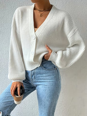  Solid Button Up Lantern Sleeve V Neck Cardigan