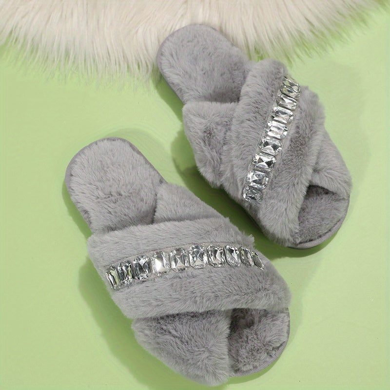 Rhinestone Slip-On Slippers Cross Straps Open Toe Non-Slip Indoor Shoes