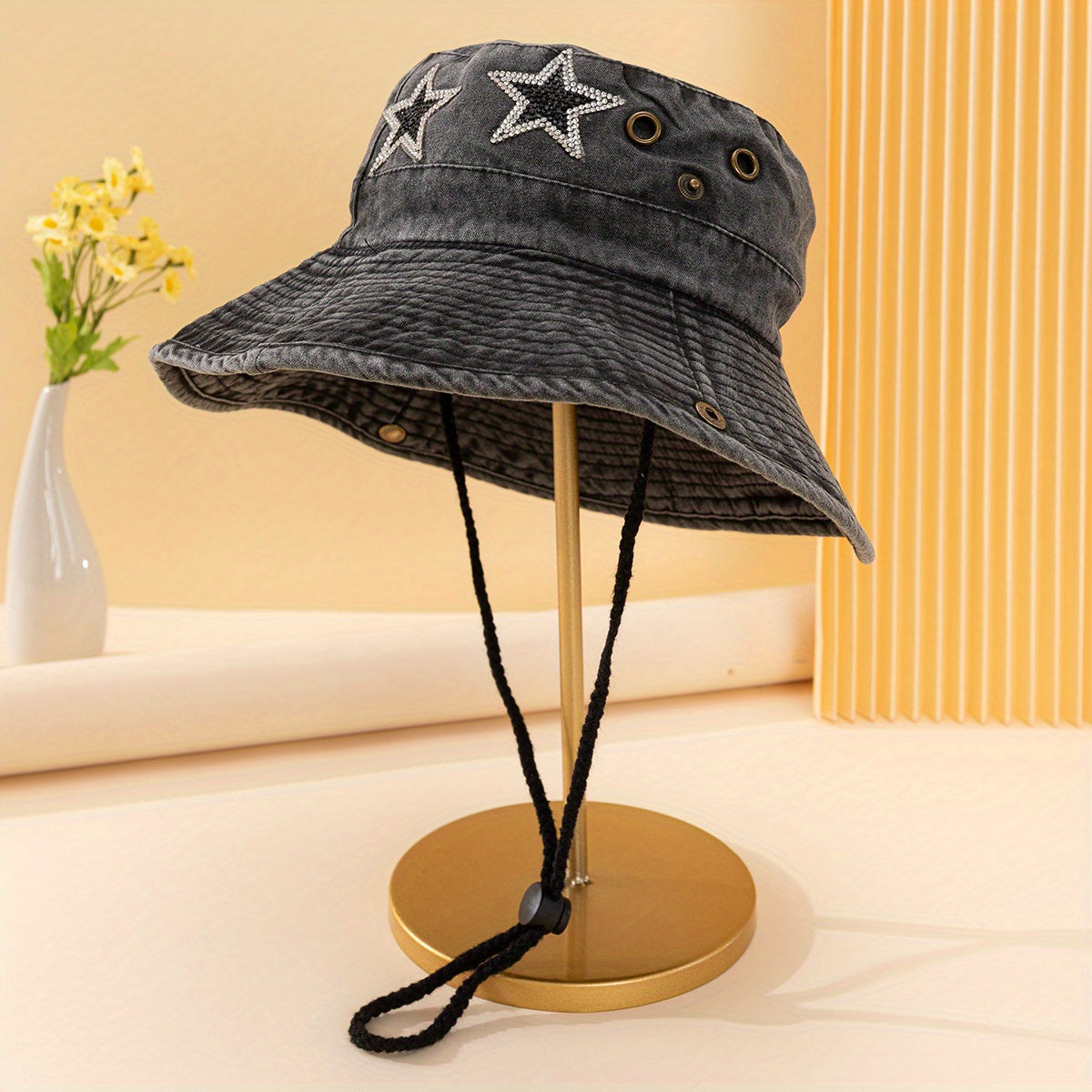 Rhinestone Pentagram Denim Bucket Hat Distressed Sun Hat Boonie Hats