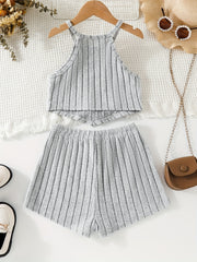 Girl's 2pcs Ribbed Halter Camisole & Elastic Waist Shorts Set