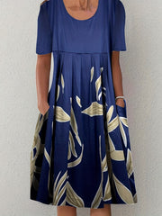  Colorblock Floral Print Pleated Dress With Pockets