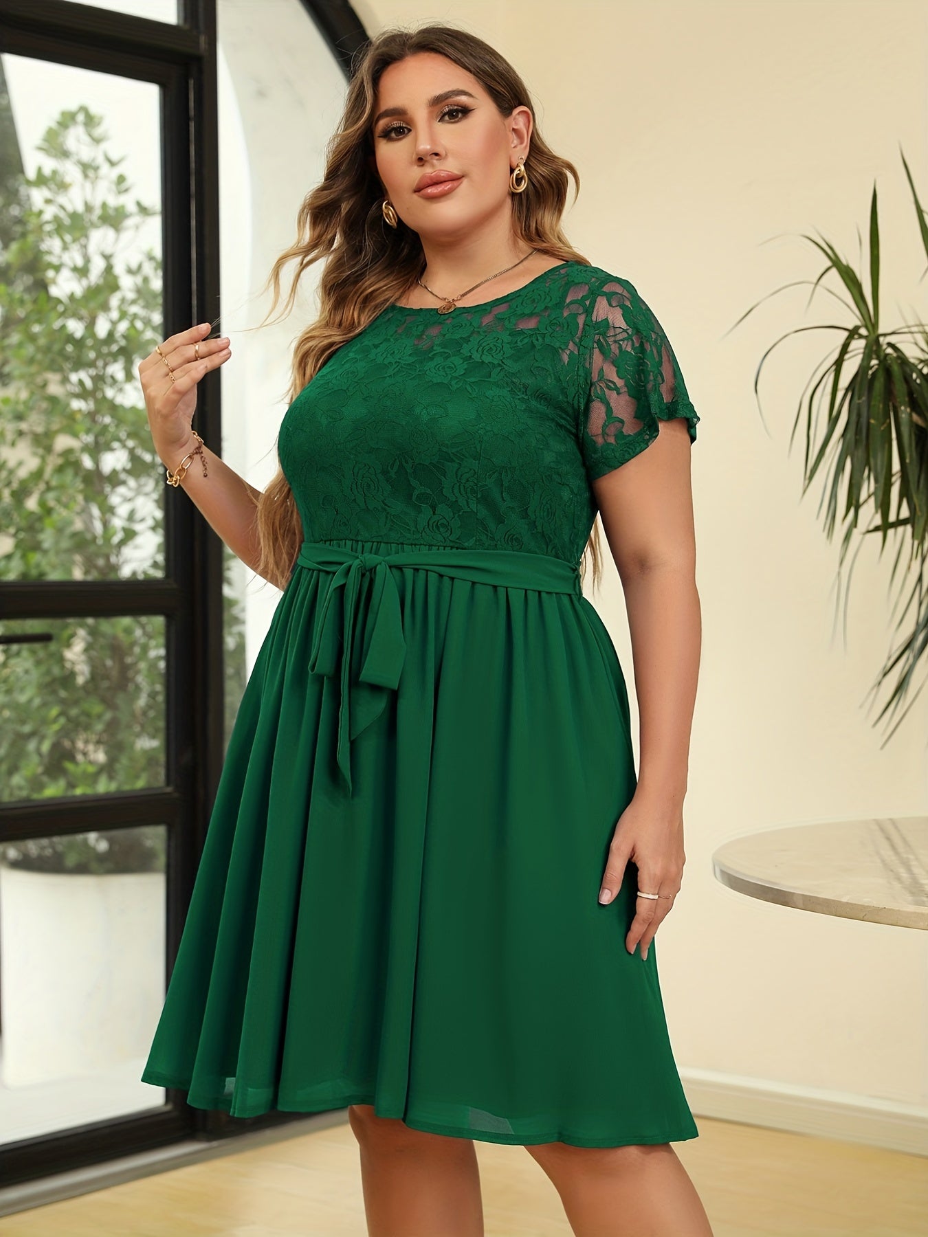  Floral Lace Short Sleeve Dress With Belt