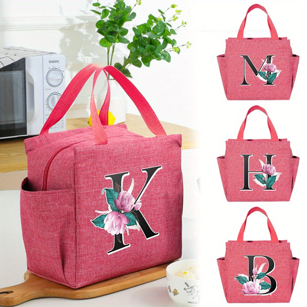 Floral Initial Insulated Lunch Bag Pink High Capacity Thermal Cooler Tote
