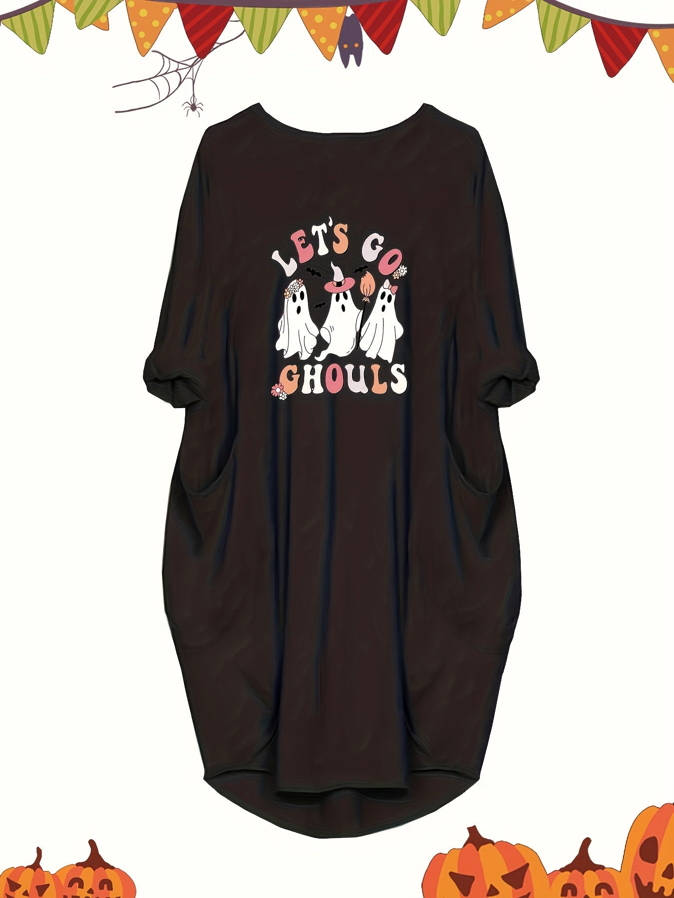  Halloween Dress Women's Plus Ghost Print Long Sleeve Round Neck Dress