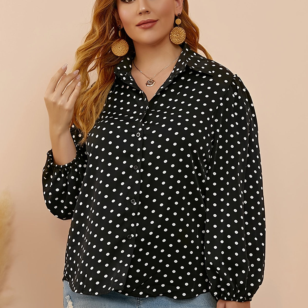 Polka Dot Print Lantern Sleeve Shirt